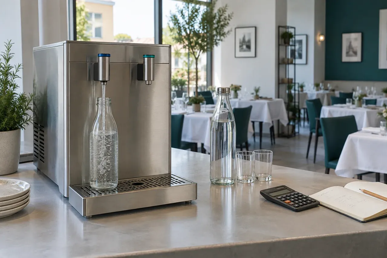 Illustrazione generata con AI: erogatore d'acqua in un ristorante, bottiglie riutilizzabili e una calcolatrice sul banco.