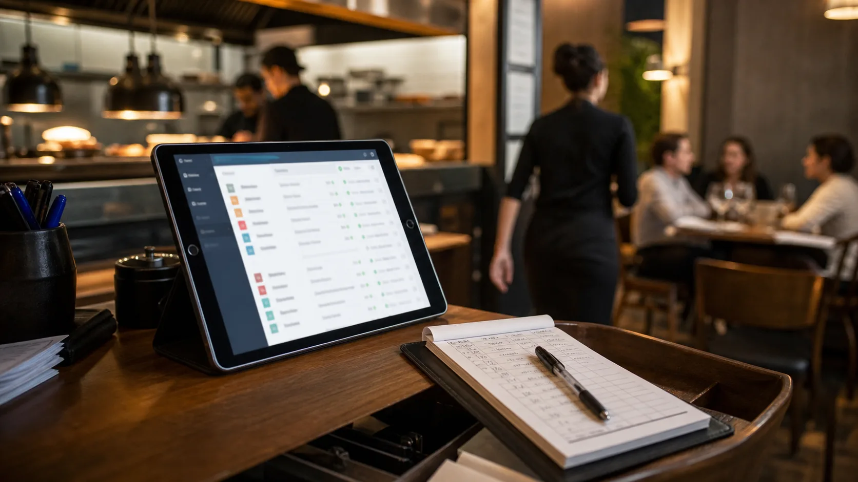 Tablet con comanda digitale accanto a un blocco ordini cartaceo in sala ristorante