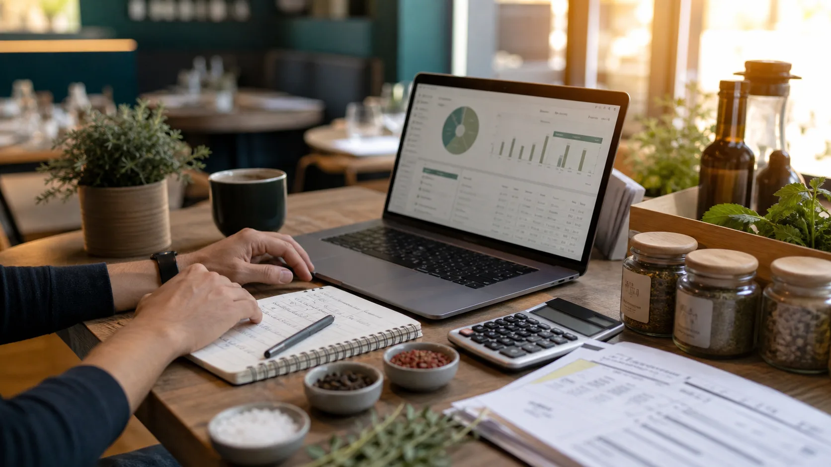 Tavolo di lavoro con laptop, ingredienti e strumenti per il controllo del food cost