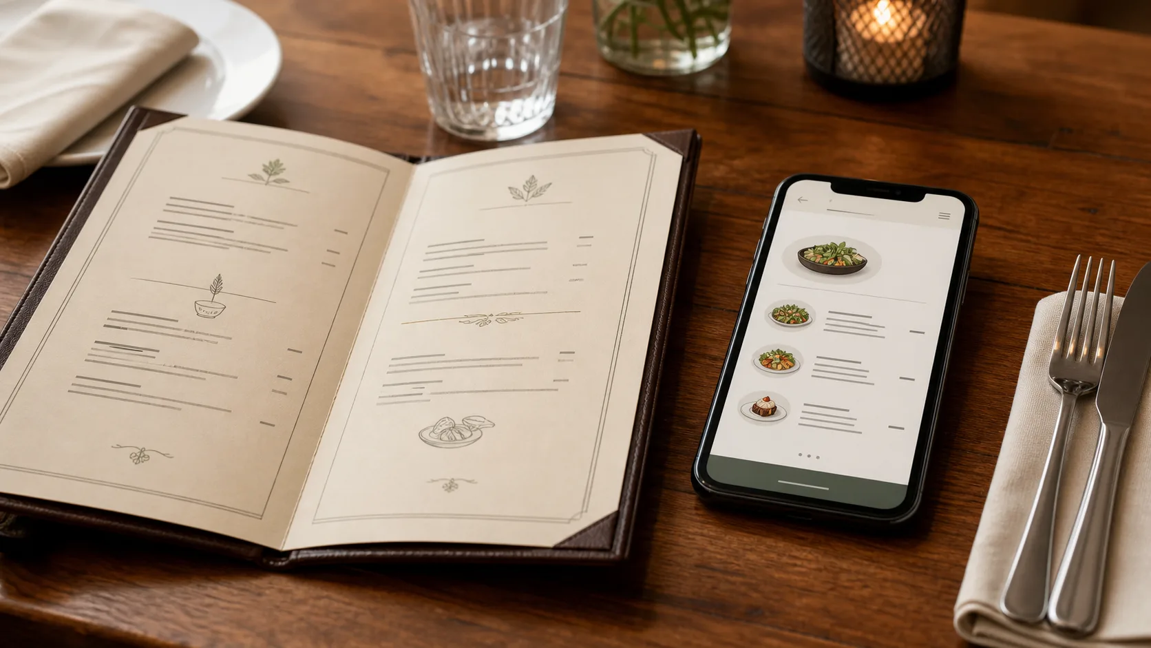 Menu cartaceo aperto e menu digitale su smartphone su un tavolo di ristorante