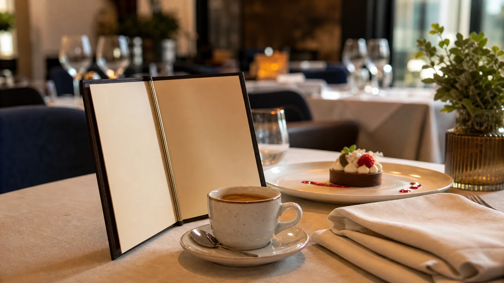 Menu dei dolci sul tavolo con caffe e dessert in un ristorante