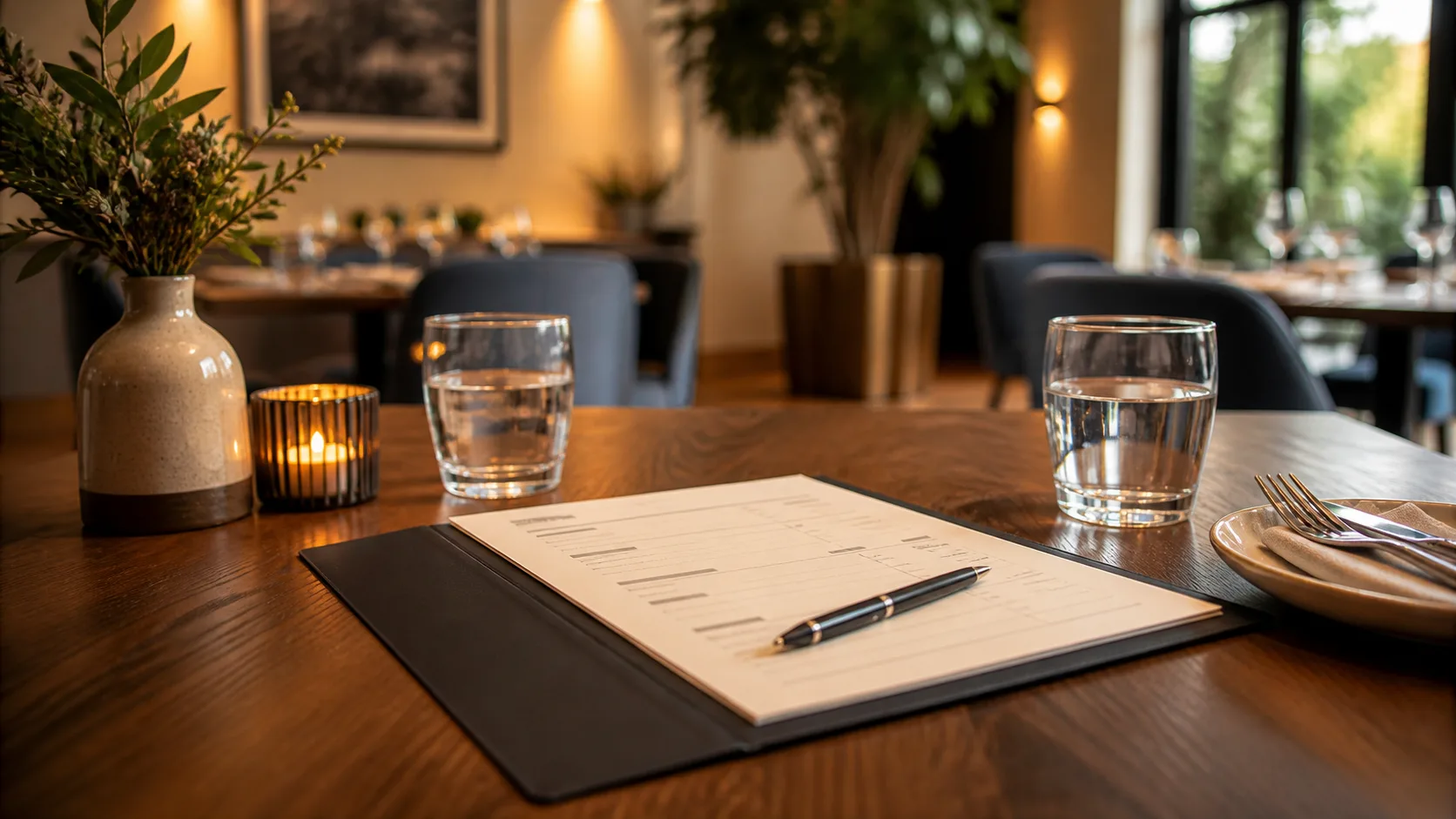 Documento chiaro con penna su un tavolo di ristorante, simbolo di trasparenza con il cliente