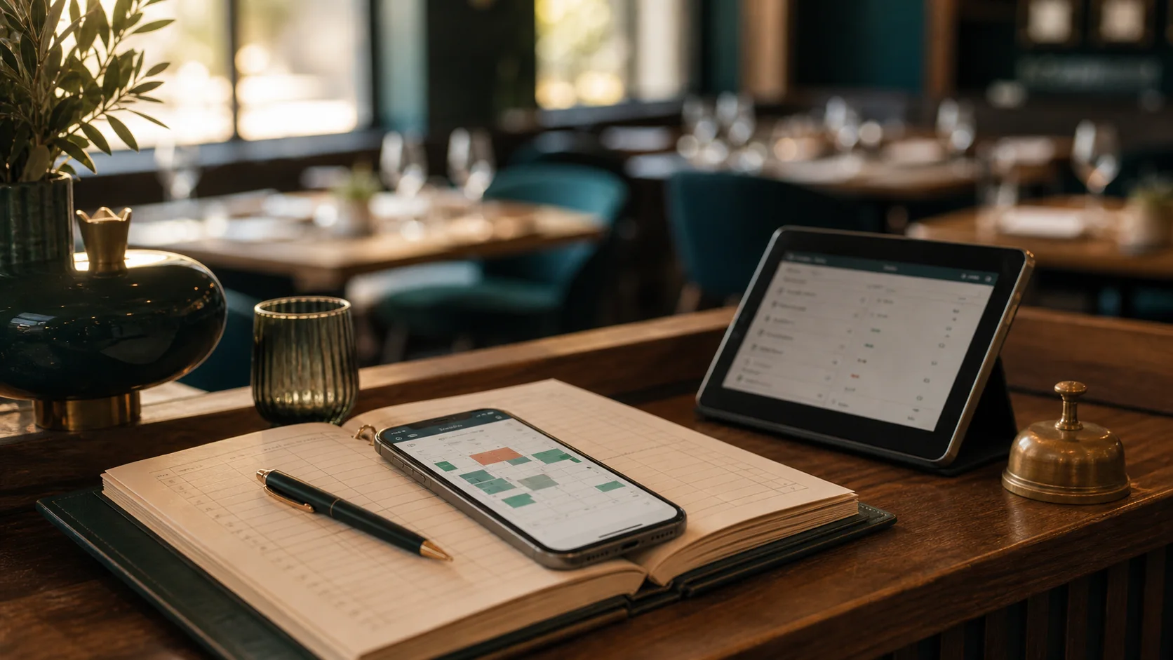 Smartphone con calendario prenotazioni su un banco di ristorante