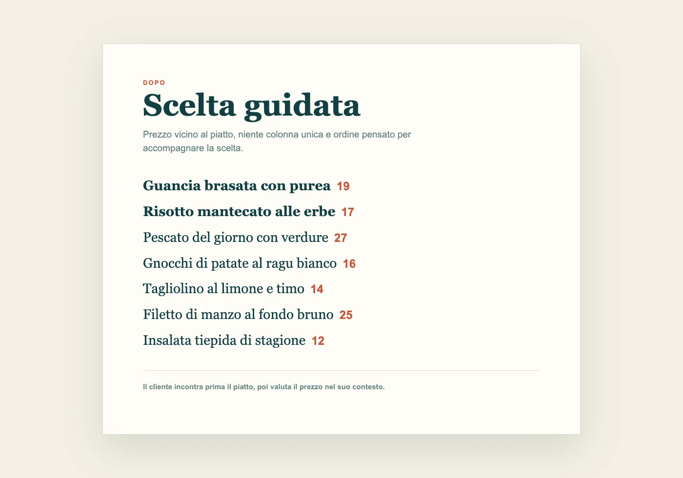 Esempio di menu con prezzi accanto al nome del piatto, senza simbolo euro e senza ordine crescente di prezzo