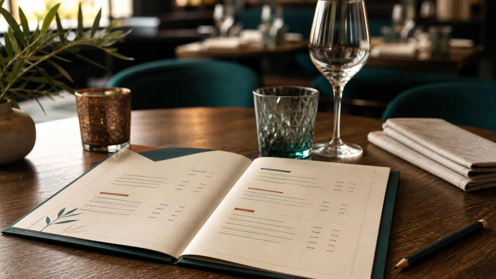 Menu aperto su un tavolo di ristorante prima del servizio