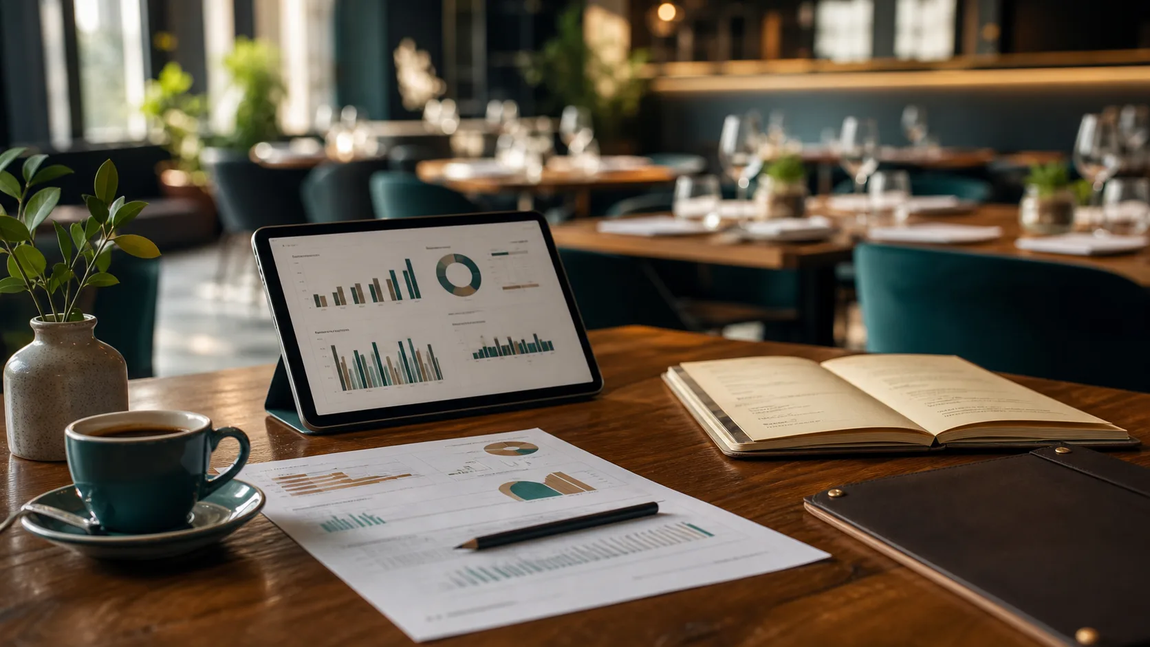 Report e tablet con grafici su un tavolo di ristorante prima del servizio