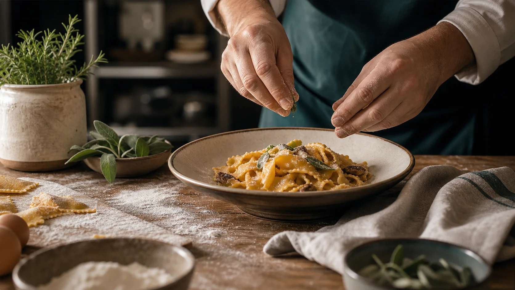 Piatto di pasta preparato a mano in una cucina di ristorante