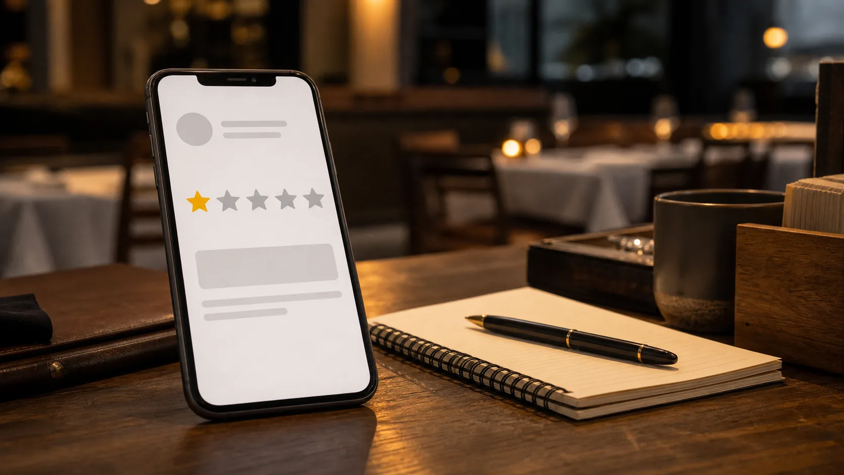 Smartphone con recensione a una stella su un tavolo di ristorante