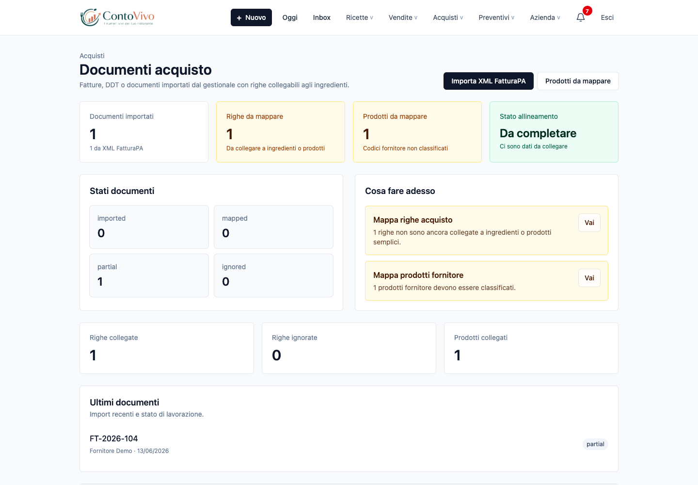 Elenco documenti acquisto importati in ContoVivo App